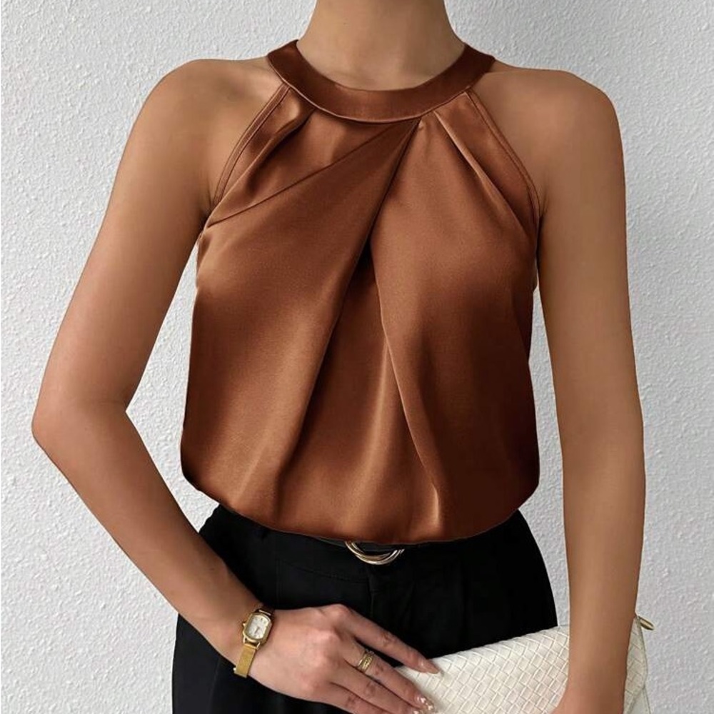 Elegant Brown satin copper bronze quiet luxury office sleeveless Halter Top